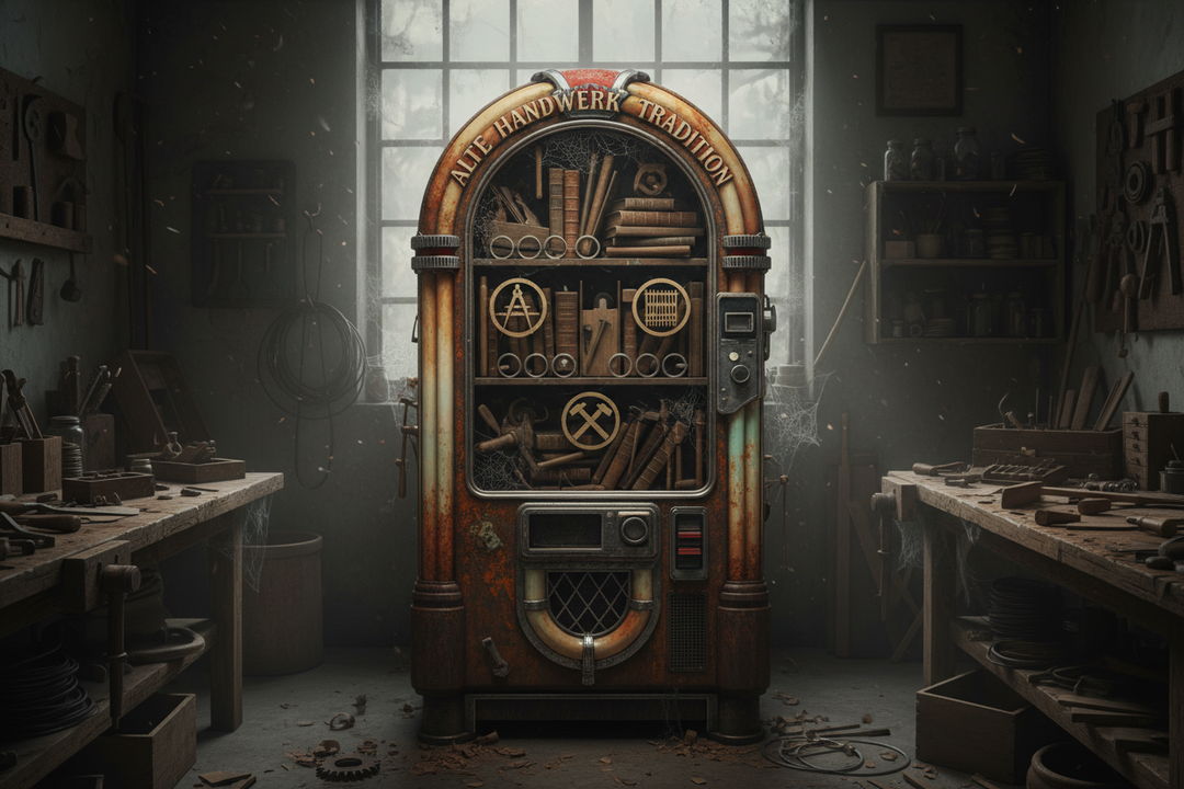Erstelle ein Bild von einem alten Snackautomat mit glasfenster. Ahnlich einer alten Musikbox. Dahinter sind Fachbücher und werkzeuge von alten Berufen aus dem Handwerk, teilweise mit zunft zeichen. Der Automat ist alt und verrostet mit spinnweben und steht in einer alten staubigen Werkstatt. Oben auf dem automat steht "Alte Handwerk Tadition" 