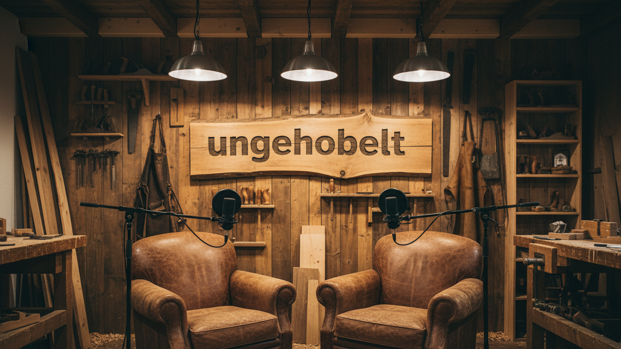 Erstelle ein Bild von einem Podcast Studio in einer Holzwerkstatt mit zwei Sessel und zwei Mikrofonen. An der Wand hängt eine alte Holzbohle mit dem Text „ungehobelt“ Man sieht auch alte Werkzeuge und Hobelspäne verteilt. An der Decke hängen alte Industrielampen