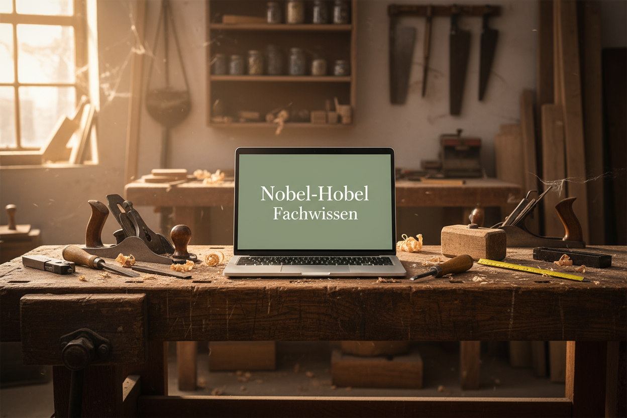 Erstelle ein Online shop Titelbild in der größe 1920 x 1080 px. Es ist eine Hobelbank mit alten Werkzeugen und spänen zu sehen. Mittig auf der Hobelbank steht ein aufgeklappte Laptop mit einem Tafelgün #4f6f60 Display mit dem Text "Nobel-Hobel Fachwissen". Im Hintergrund ist eine verstaubte Schreinerei mit spinnweben zu sehen.